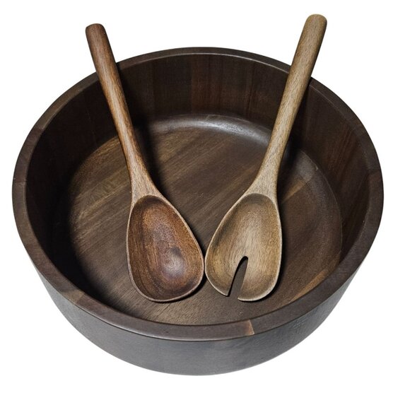 Handcrafted Wooden Salad Bowl Set 2 Serving Spoons 12 Inch Dark Walnut Finish - Picture 1 of 5